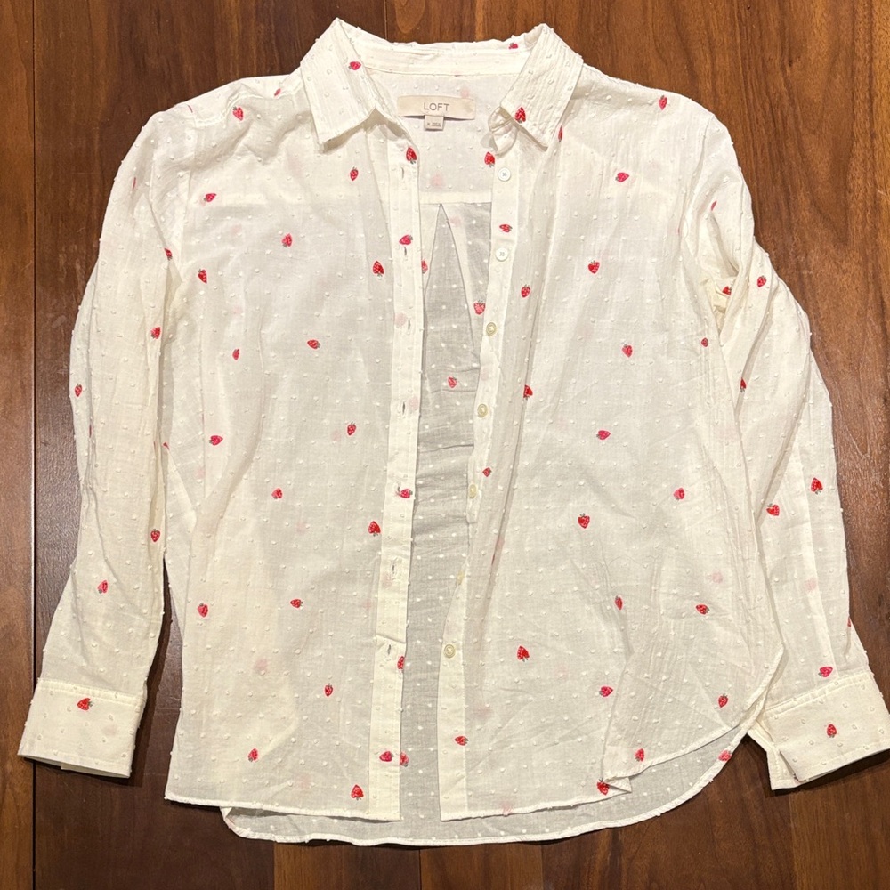 LOFT Cream Blouse with Red Heart Pattern